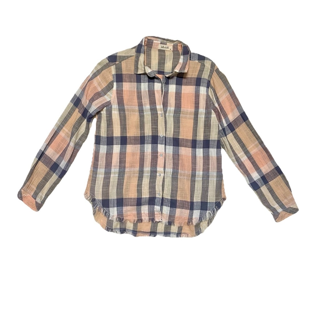Bella Dahl Trimmed Flowy‎ Shirt Peach Plaid Size M Summer Casual Lightweight